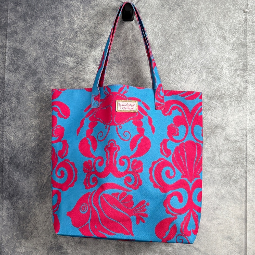 Lilly Pulitzer Estee Lauder Pink‎ And Blue Canvas Tote Bag Beach Ocean Sea Theme